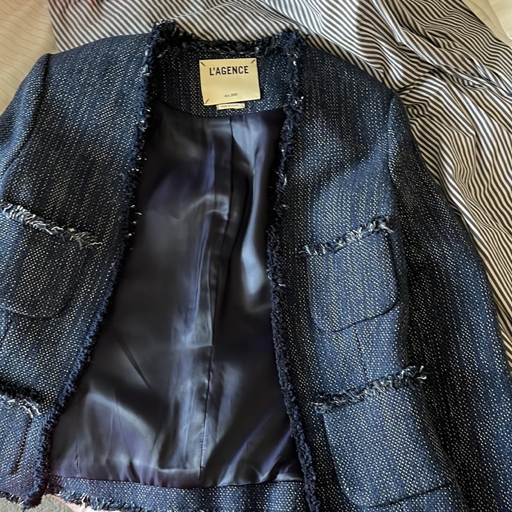 L'AGENCE Navy Tweed Frayed Edge Blazer